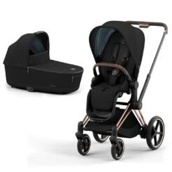 CYBEX E-Priam Pushchair - Conscious Collection - Onyx Black (2022) -Cybex cybex e priam concious collection onyx black rose gold carrycot flat